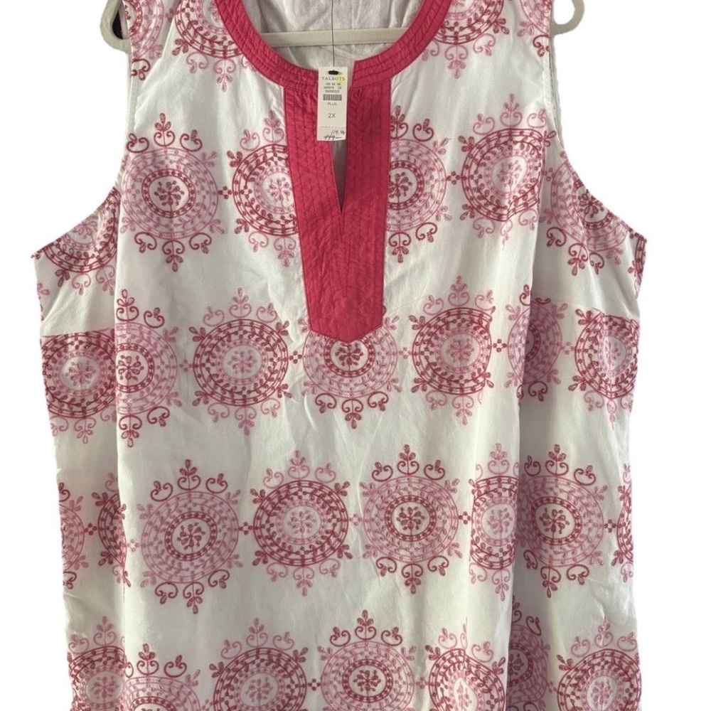 Talbots Embroidered Sleeveless Blouse with Pink Medallion Print